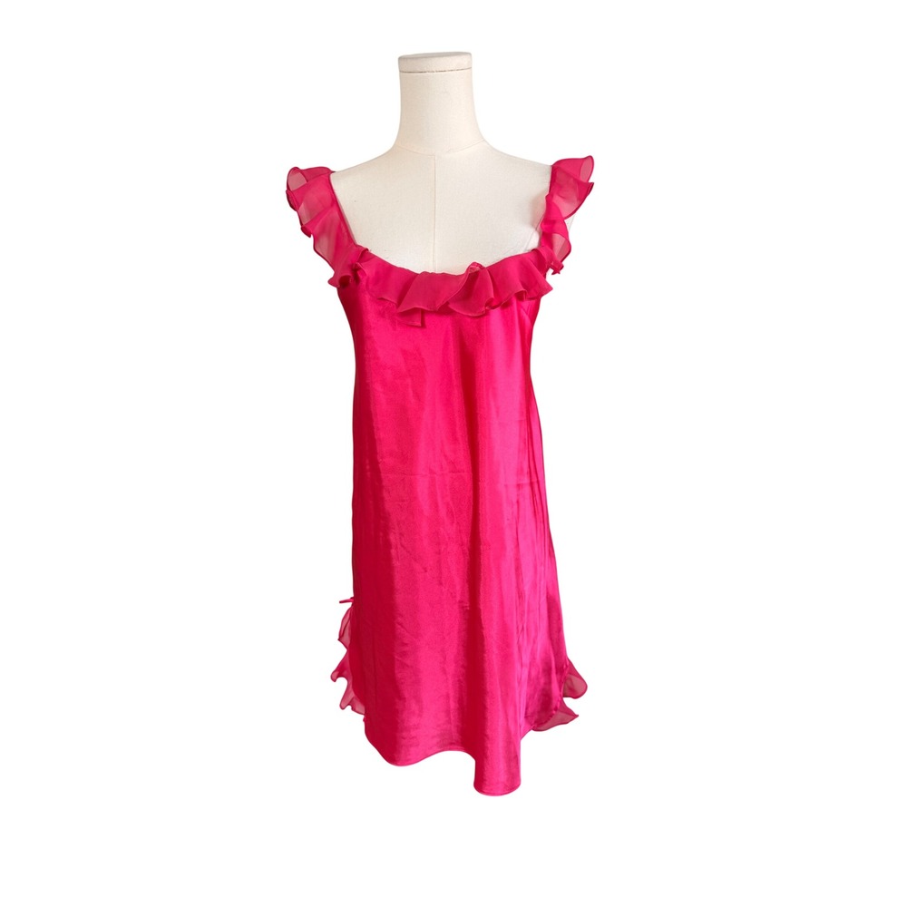 Hot Pink Satin Ruffle Chemise Nightgown Sleeveless Bow Detail Mini Dress